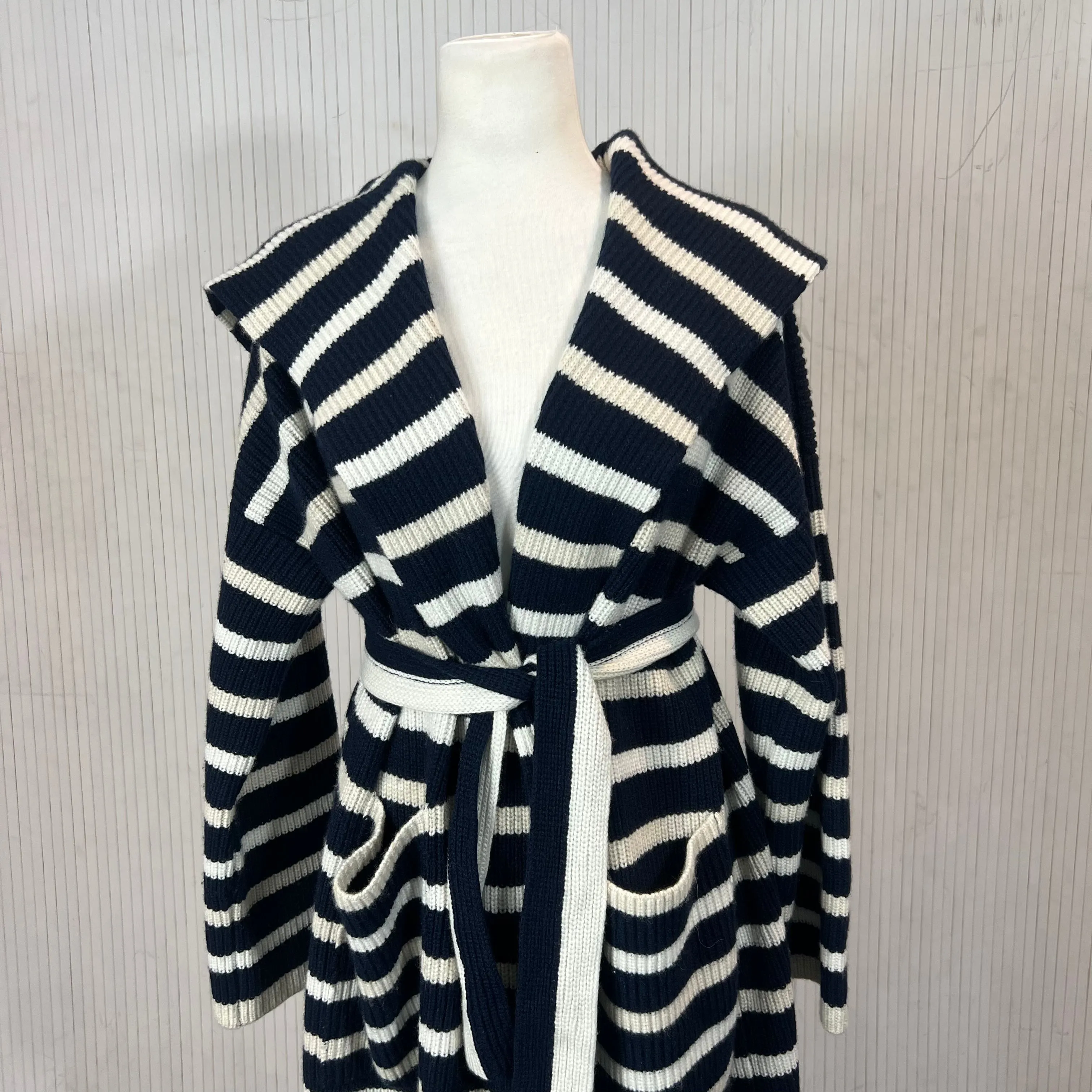 Connolly Navy & White Stripe Thick Cashmere Knit Belted Coat S/M/L/XL