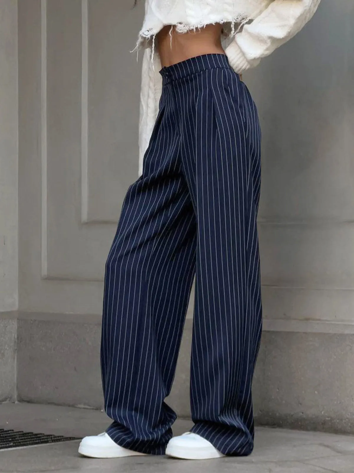 Pinstripe Pleated Wide Trendy Leg Dress Pants