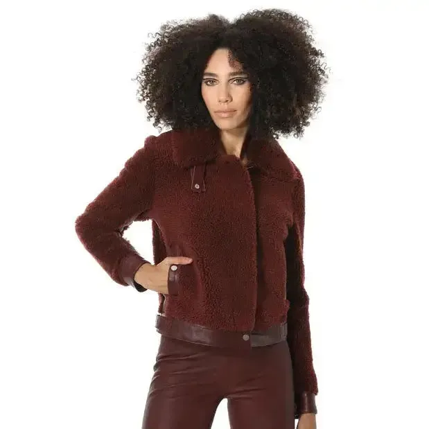 Women's Burgundy Short Sheepskin Fur Jacket with Curly Fur – Cozy & Chic
