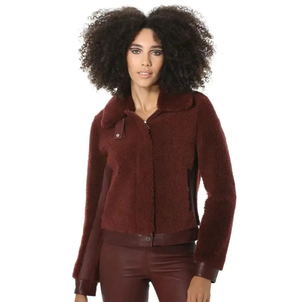 Women's Burgundy Short Sheepskin Fur Jacket with Curly Fur – Cozy & Chic