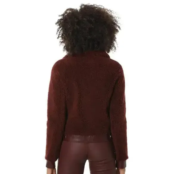 Women's Burgundy Short Sheepskin Fur Jacket with Curly Fur – Cozy & Chic